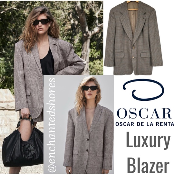 Luxury Vintage Blazer Wool Oversized Neutral Plaid Tweed Beige Blue Brown Black - Picture 1 of 16